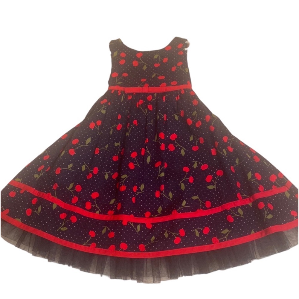 YOUNGLAND Girls Navy Cherry Print Design Tulle Accent S/L Dress 100% Cotton Sz 4
